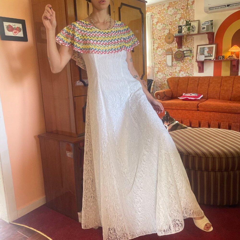 1970s Anns Vogue shop rainbow sequin roller collar white lace maxi prom dress!